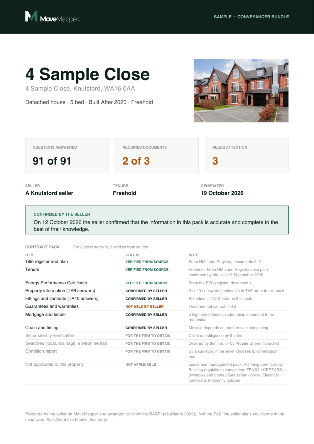Front page of the sample pack for your conveyancer